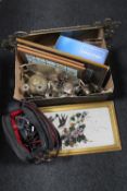 A box containing assorted plated wares, brass ware, framed cigarette cards,