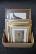 A box of framed Japanese watercolour of Geisha and five framed silk work panels of Geisha