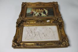 A gilt framed relief panel depicting Roman goddesses,