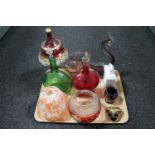 A tray of assorted glass ware - Art Deco shade, glass decanters, etc and a Moorcroft vase a/f,