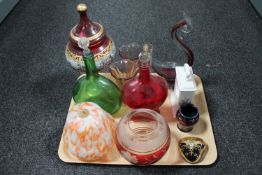 A tray of assorted glass ware - Art Deco shade, glass decanters, etc and a Moorcroft vase a/f,