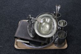 A tray of assorted plated wares, pewter decanter,