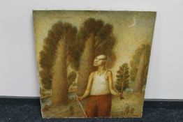 A naive unframed Russian oil painting on canvas, figure in wooded landscape, signed K.