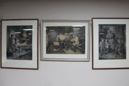 Three framed antique black and white prints,