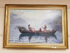 After Hans Dahl : children and a goat in a boat, reproduction in colours, 74 cm x 47 cm, framed.