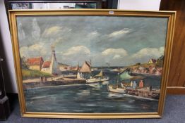 A large gilt framed continental school oil on canvas, harbour scene,