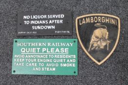 Three cast iron signs; Lamborghini,