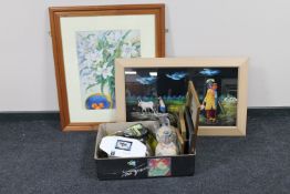 A box of assorted framed pictures and prints, pair of pottery vases, travel kit,