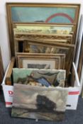 A box containing a quantity of continental school framed and unframed oils on canvas