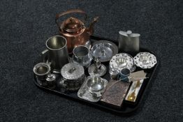 A tray of copper kettle and assorted plated wares