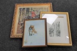 A gilt framed print, huntsman with hounds,