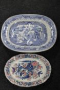 A Victorian blue and white willow patterned Turkey dish together with a further Victorian floral