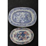 A Victorian blue and white willow patterned Turkey dish together with a further Victorian floral