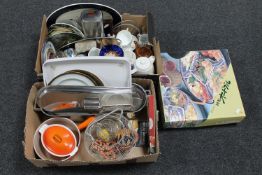 Two boxes of china, Le Creuset pan and lidded oven dish,