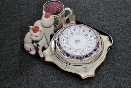 A tray of 19th century lustre tankard and plate, pair of cat ornaments,