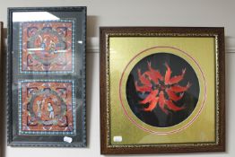 Two framed Chinese silk work panels of figures and Koi fish