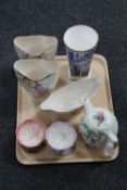 A tray containing pair of Maling vases, Maling shaped dish and teapot,