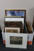 A box of a quantity of continental school pictures and prints, tiled panel,