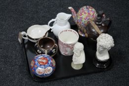 A tray of Royal Winton chintz teapot, Caughley mask head jug by Coalport,