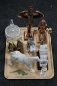 A tray containing a John Beswick grey horse, paperweights, metal figures,