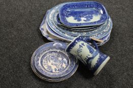 A collection of blue and white china - antique meat plates and dinner plates, Chinese style jug,