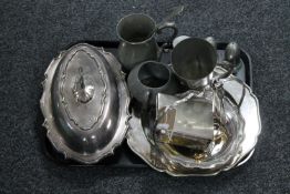 A tray of antique and later metal ware : cigarette box, pewter pieces, entree dish, cigarette box,