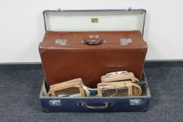 Two vintage luggage cases together with three vintage tennis rackets