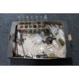 A box of vintage chemistry equipment - clamp, Bunsen burner,
