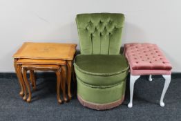 A nest of three French cherry wood tables together with a green dralon bedroom chair and a pink