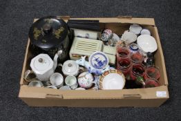 A box and a basket of china, glass ware, famille rose bowl,