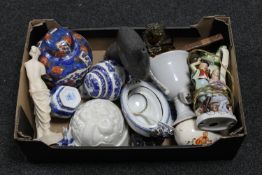 Two boxes of assorted china, figural table lamp,