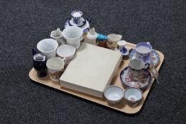 A tray of antique and later china - Chinese cups and saucers, finger bowls, boxed Sake cups,