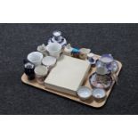 A tray of antique and later china - Chinese cups and saucers, finger bowls, boxed Sake cups,