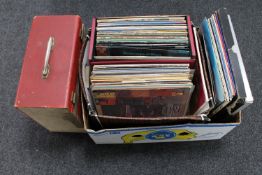 A box and a case of LP records, mainly pop and rock including The Beatles, Rolling stones,