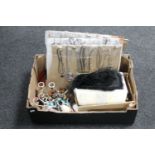 A box of large quantity of costume jewellery, jewellery stands, purses,