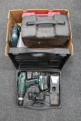 A box containing cased Wicks electric drill, cased Power Devil cordless screwdriver,