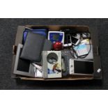 A box of electricals : mobile DVR, assorted mobile phones,