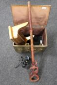 A brass embossed box containing a gilt wall shelf, tribal walking stick,