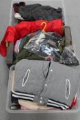A box and two crates containing assorted clothing including Ralph Lauren, Superdry, Ugg boots,