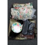 Two boxes of floral curtains, lady's hand bags,