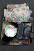 Two boxes of floral curtains, lady's hand bags,