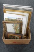 A box containing assorted framed pictures and prints, horse racing prints,