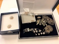 A pair of 9ct gold diamond set earrings, silver and marcasite jewellery, pair of costume earrings,