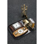 A tray of brass companion set, Art Deco precision barometer,