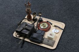 A tray of antique leather cased meter, barometer, plated trophies, gent's watch,