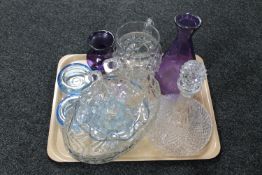 A tray of glass ware : decanter, purple vases, candlesticks,