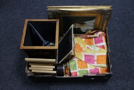 A box of contemporary gilt framed portrait studies, curtains, mantel clock,