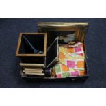 A box of contemporary gilt framed portrait studies, curtains, mantel clock,