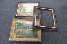 A gilt framed antiquarian oil on board - view of a lake,