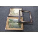 A gilt framed antiquarian oil on board - view of a lake,